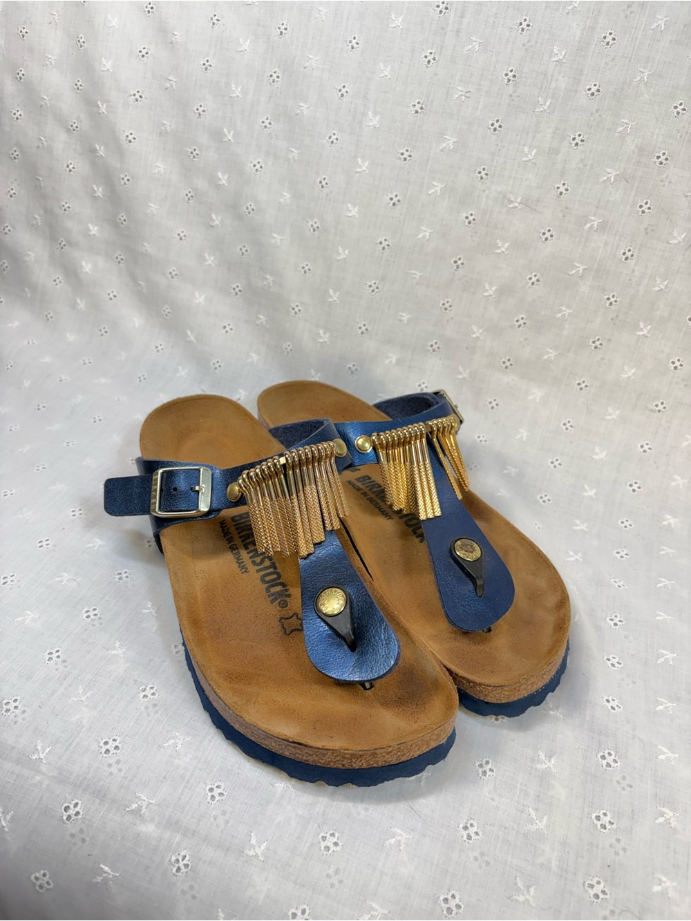 Birkenstock Navy Metalic T-Strap Sandals with Gold Metal Fringe Accents - Picture 8 of 8